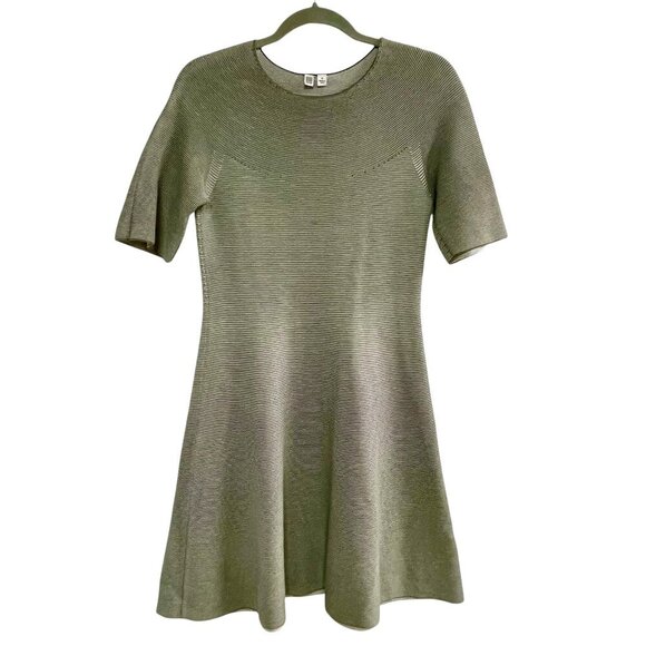 UNIQLO Fit & Flare Pull-On Gray Striped Cotton Dress Short Sleeve Stretchy Sz M - Picture 1 of 12